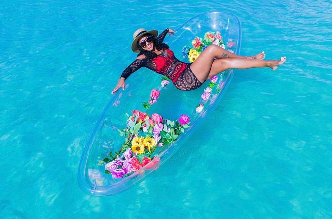 Clear kayak Drone Photo Shoot - Poses, body types, and the guide who holds the kayak steady